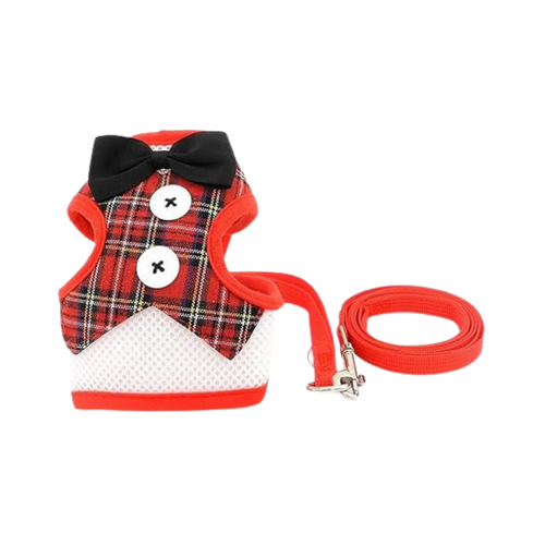 WW TOYBREED TUXIDO HARNESS WITH LEASH RED CHECKS (M)